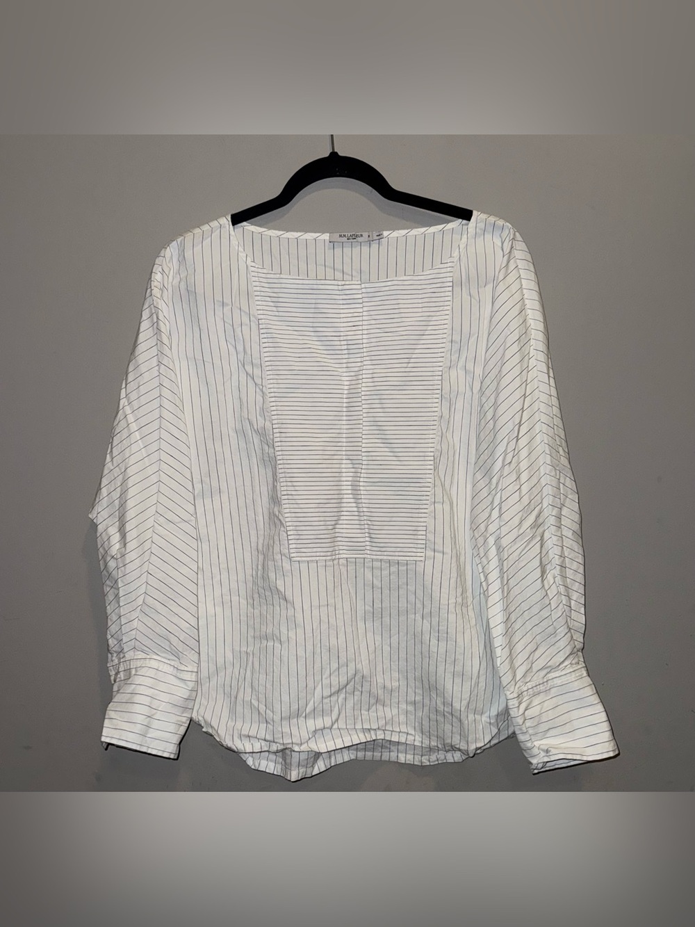 M.M.LaFleur Chiara Poplin Striped Tuxedo Bib Blouse Top White Blue
